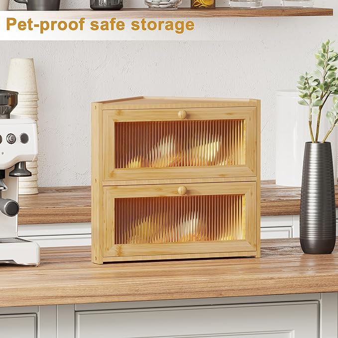 BAMBANG Corner Bread Box for Kitchen Countertop, Double Layer Bamboo Bread Storage Container with Wavy Windows, Farmhouse Large Bread Bin, Wooden Breadbox Holder for Homemade Bread, Natural
