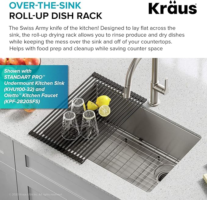 Kraus Multipurpose Over-Sink Roll-Up Dish Drying Rack, Colander and Trivet in Black, KRM-10BLACK