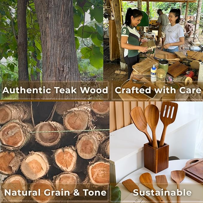 SarnThai Premium Teak Kitchen Utensil Set – 3 Piece Handmade Wooden Spatula & Spoon, Eco-Friendly Teak Cooking Tools for Nonstick Pans, Wooden Spoons for Cooking