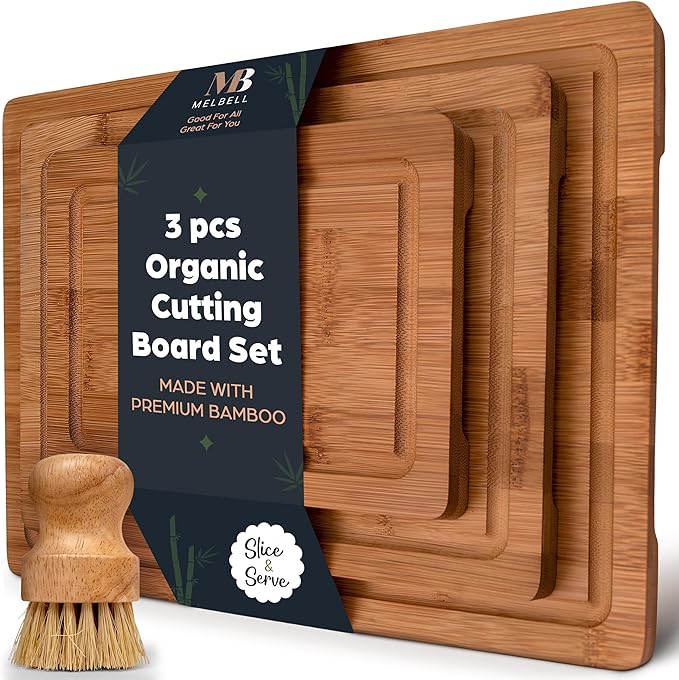 MelBell Bamboo Cutting Board Set Of 3 for Kitchen - Wooden Chopping Boards with Juice Groove - Wood Serving Board for Meat, Vegetables, Cheese