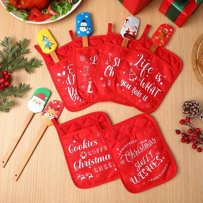 Yaomiao 24 Pcs Christmas Pot Holders with Silicone Spatula Set Wooden Handles Pot Holders for Christmas Kitchen Utensils xmas Baking Gifts for Neighbor Cooking Essentials(Simple)