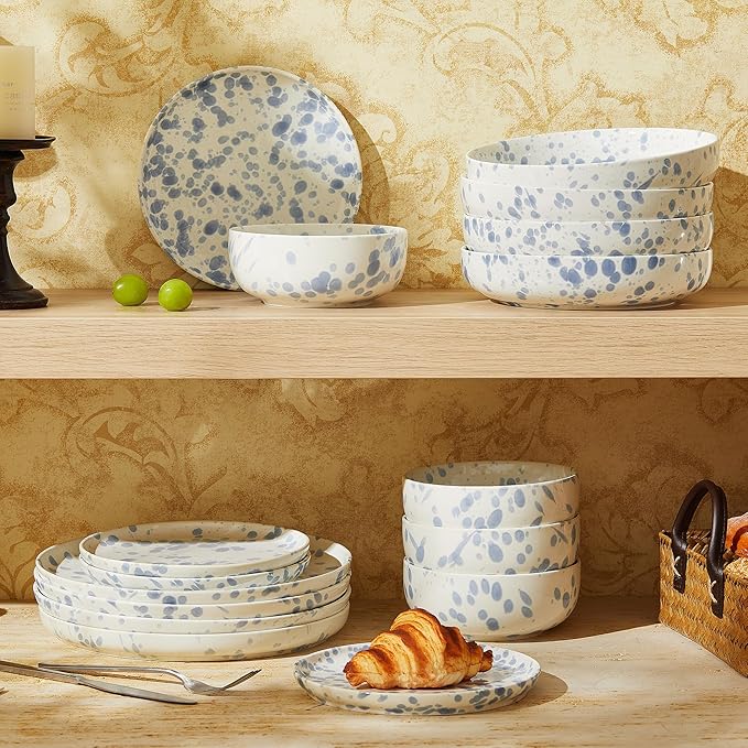 Junko Cereal Bowls Set of 4-36 Ounce Ceramic Bowls, Japanese Noodle Bowl Set, Ceramic Bowls for Kitchen, Breakfast, Oatmeal, Microwave and Dishwasher Safe (Splash Blue)