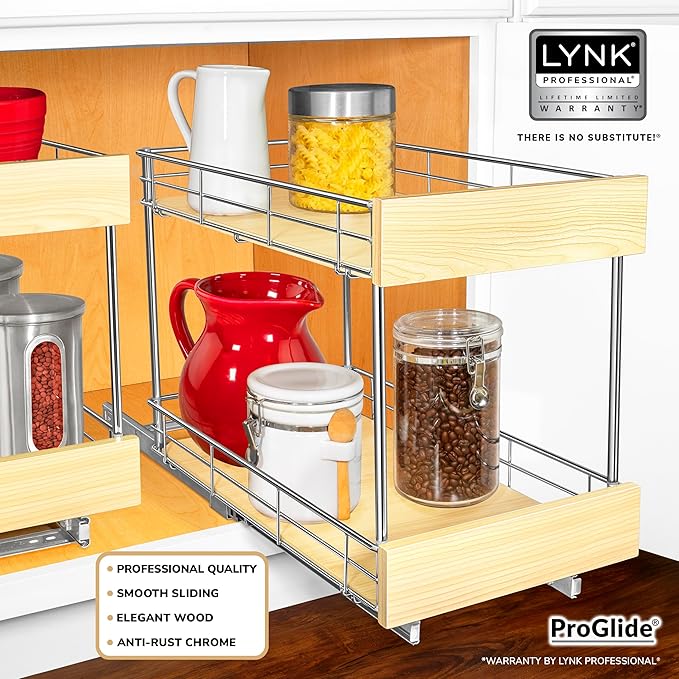 LYNK PROFESSIONAL® SELECT™ Pull Out Cabinet Organizer - 11" x 21" - Slide Out Drawer for Kitchen Cabinets - Sliding Pantry Shelves - Roll Out Shelf for Pots, Pans, Lifetime Ltd Warranty - 2 Tier