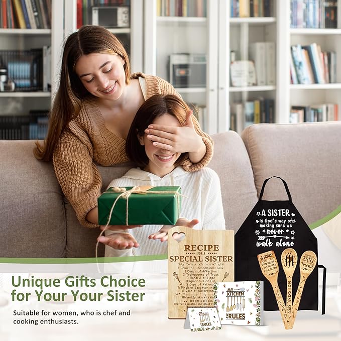 Sister Gifts, Christmas Sisters Gifts from Sister, Sisters Birthday Gift Wooden Cutting Board with Cooking Utensils Set with Apron Set, Great Kitchen Gift for Galentines Day