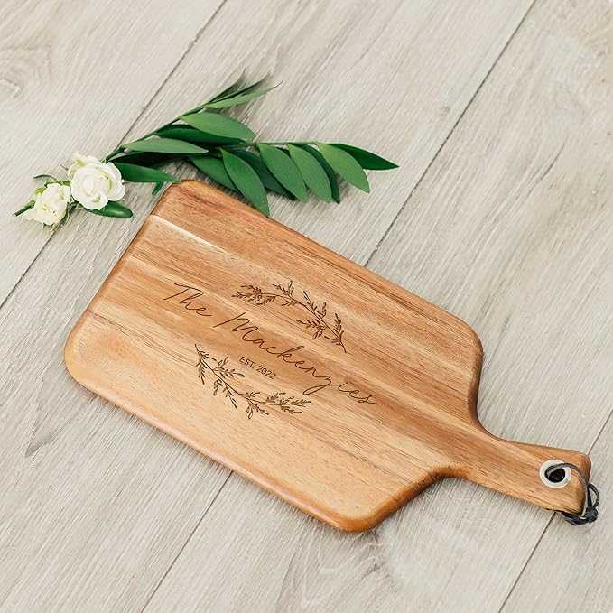 Weddingstar Personalized Wooden Paddle Cutting Board or Serving Board With Handle 13.5" x 6.5" - Signature Script Etching