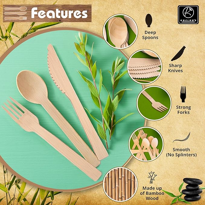 KOELHO'S Pre-Rolled Napkin and Cutlery Set 48-Pack 192 PCS | Bamboo Disposable Utensils 100% Biodegradable and Eco-Friendly | Wood Cutlery Set for Parties, Weddings, and Events