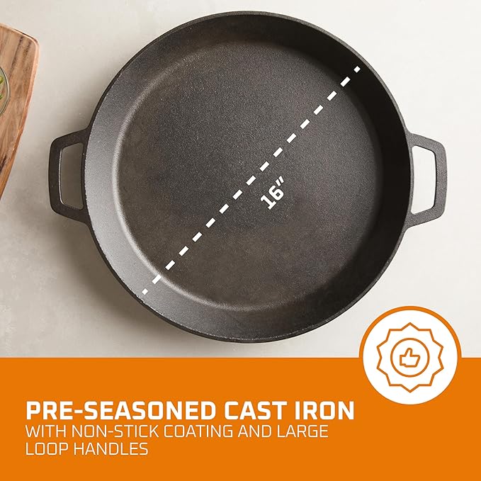 Bruntmor Pre Seasoned Cast Iron 16 inch Skillet, Dual Large Loop Handled Durable Pan, Cast Iron Breakfast Skillet, Black Pan for Grill and Deep Frying, Oven Friendly, Stovetop