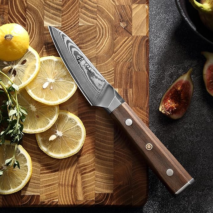 Wakoli HIK Damascus Office Knife – Full Tang Paring Knife | 3.4-Inch Blade Made of 67-Layer Damascus Steel with VG10 Core | Walnut Wood Handle | Sharp, Durable, Gift Box Included