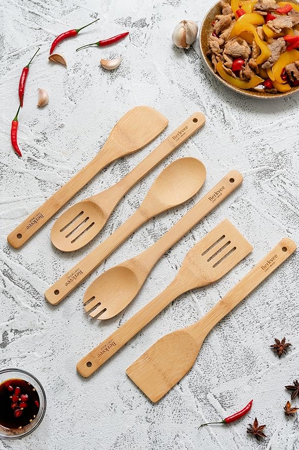 Bamboo Kitchen Utensils 6-Piece Set - Premium Non-Scratch Wooden Spoons and Spatulas for Everyday Cooking