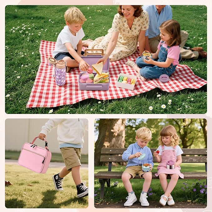 MAISON HUIS Bento Box for Kids with 8oz Soup Thermo, Insulated Lunch Bag & 17oz Water Bottle, 2-Compartment Bento Box with Built-In Ice Pack, Leak-Proof & BPA-Free
