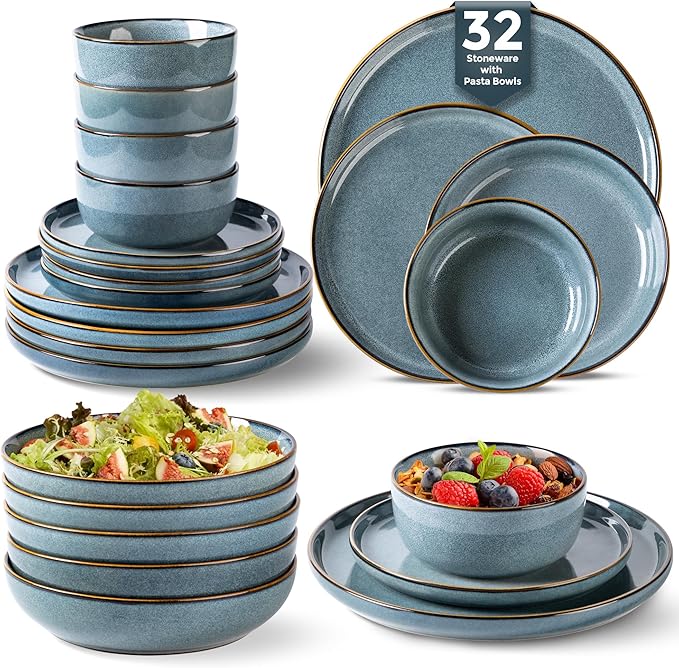 GBHOME 32 Pieces Double Bowls Ceramic Dinnerware Sets for 8, Stoneware Plates and Bowls Set with Reactive Glaze, Scratch Resistant Stoneware Dishes Set, Dishwasher & Microwave Safe