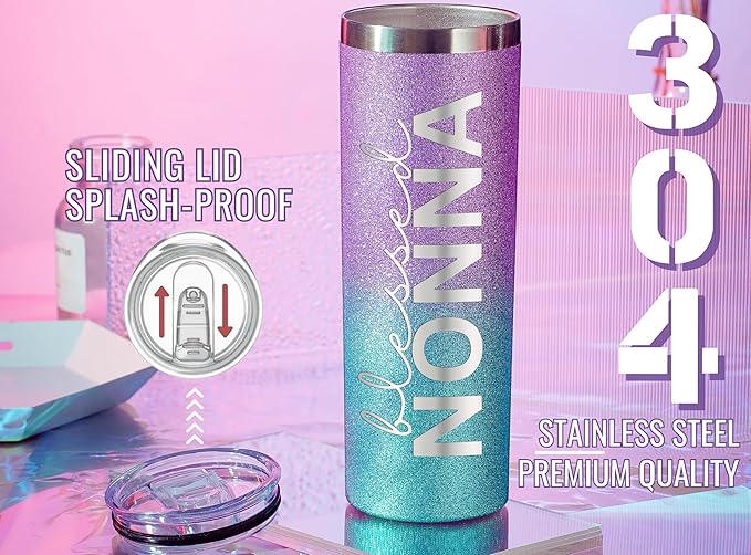 Onebttl Christian Grandma Gifts for Mother's Day, 20oz Purple & Blue Glitter Skinny Tumbler, Straw & Lid Included, Nonna Gifts - Blessed Nonna