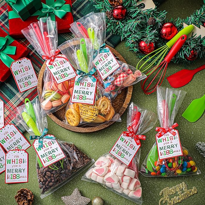 Bokon 12 Sets 48 Pcs Christmas Whisk Spatula Baking Gifts Red Green Christmas Kitchen Sets Includes Silicone Steel Whisk Spatula Greeting Cards Ribbons Plastic Bags Cooking Supplies for Xmas Gift