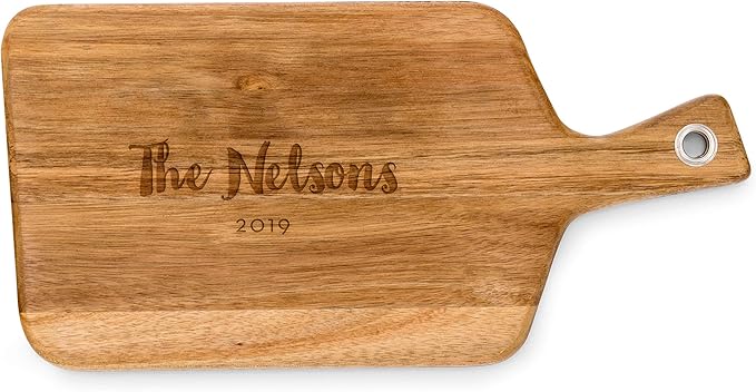 Weddingstar Personalized Wooden Paddle Cutting Board or Serving Board With Handle 13.5" x 6.5" - Retro Script Etching