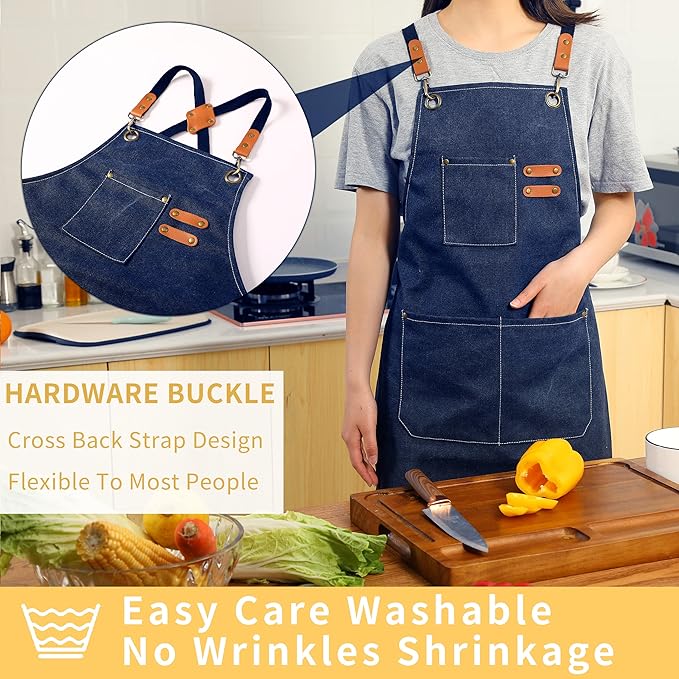 Tosewever Canvas Cross Back Chef Cotton Aprons for Men Women with Large Pockets