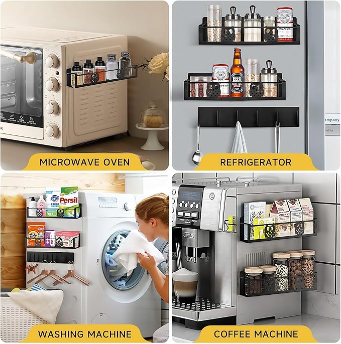Magnetic Spice Rack for Refrigerator Organizers and Storage,Strong Magnet Metal Moveable No Drilling 3 Pack,Space Saving Kitchen Organization Kitchen Shelf with Hooks(Black,Owl)