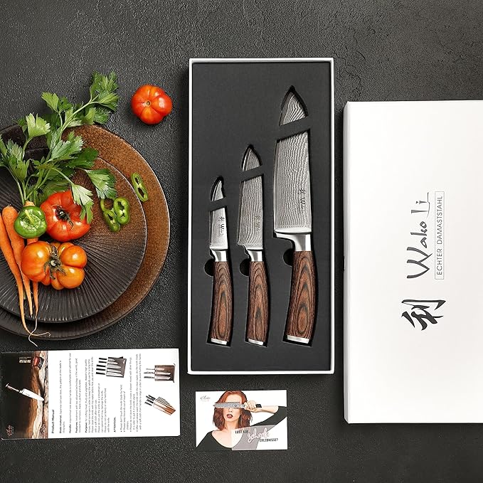 Wakoli EDIB 3-Piece Damascus Knife Block Set with Magnetic Knife Block – Chef Knives Set with 3.4" - 6.7" Blades, 67-Layer Damascus Steel (VG10 Core), Kitchen Knives with Pakkawood Handles