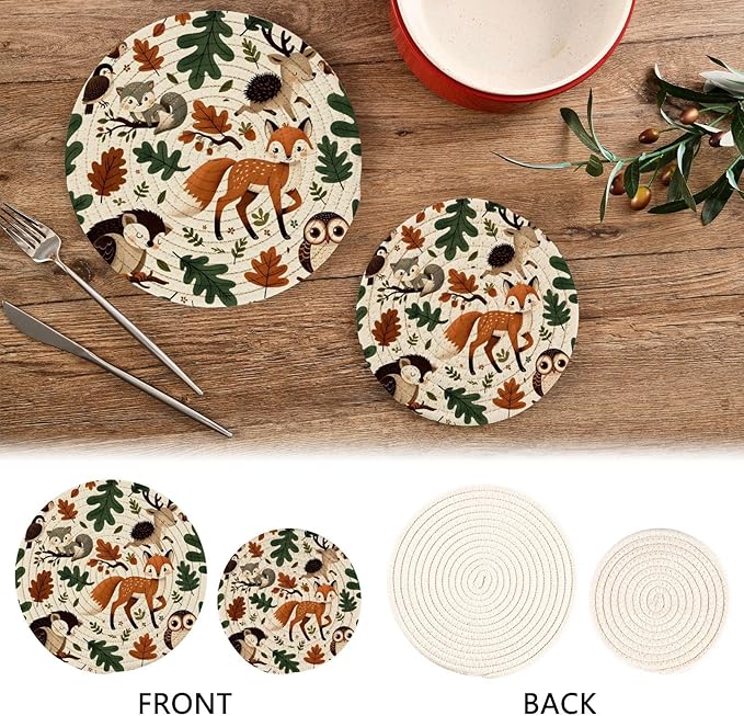 Woodland Leaves Cute Forest Animals Kitchen Trivets Pot Holders Set of 2, Trivets for Hot Pots Dishes Woven Trivet Coaster Pad Mat for Counter