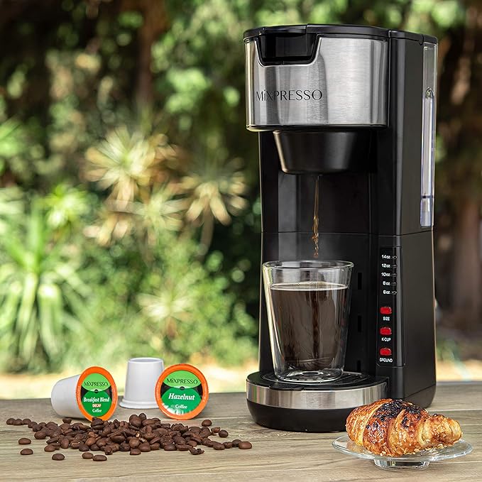 Mixpresso Black Single Serve Coffee Brewer K-Cup Pods Compatible & Ground, 30 oz Compact Coffee Maker Single Serve With 5 Brew Sizes Up To 14 Oz, Fits Travel Mug, Adjustable Drip Tray