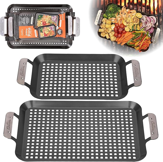 BBQ Grill Topper Grilling Pans (2 Pack)- Non-Stick Barbecue Trays w Stainless Steel Handles- Indoor Outdoor use for Meat, Vegetables & Seafood- Great for Thanksgiving Turkey Dinner & Holiday Xmas Gift