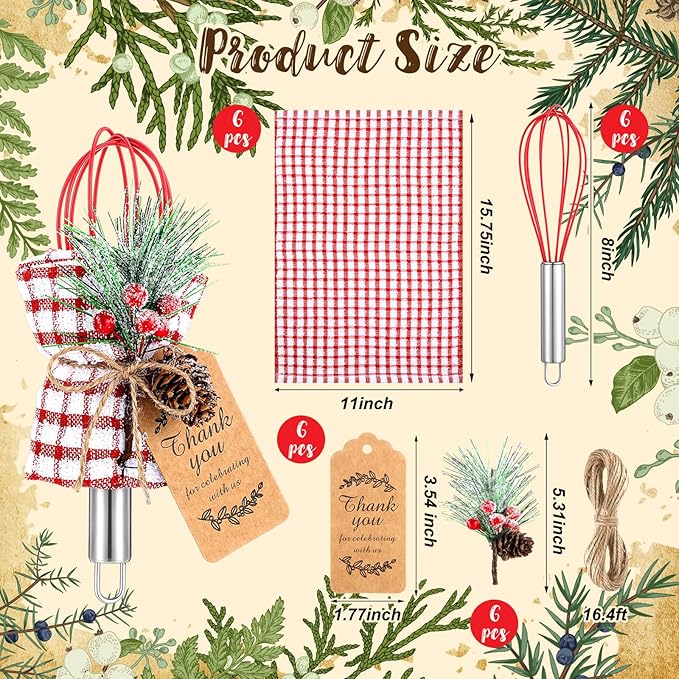6 Sets Christmas Whisk Baking Supplies Gifts Sets Include Stainless Steel Whisk, Greeting Card, Snowfall Pine Branch, Plaid Towel, Rope for Xmas Neighbor Employee Stocking Stuffer Cooking (8 Inch)