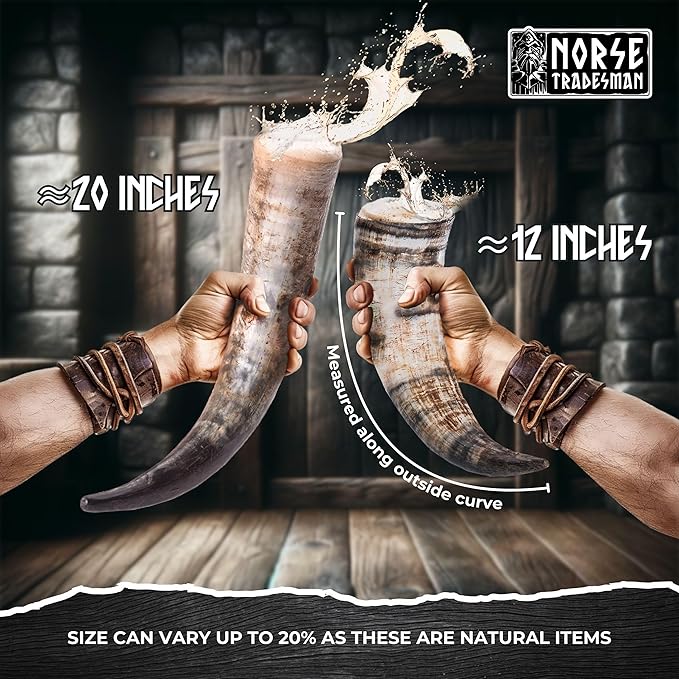 Norse Tradesman Genuine 20" Ox-Horn Viking Drinking Horn with Antique Brass Rim & Wolf Tip, Fitted Stand & Burlap Gift Sack - The Fenrir, 20-Inches, Low Polish