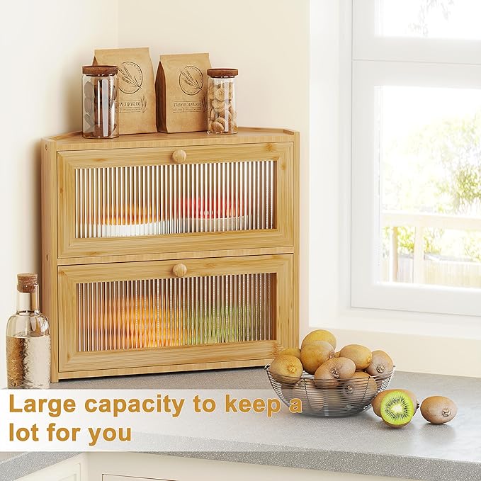 BAMBANG Corner Bread Box for Kitchen Countertop, Double Layer Bamboo Bread Storage Container with Wavy Windows, Farmhouse Large Bread Bin, Wooden Breadbox Holder for Homemade Bread, Natural