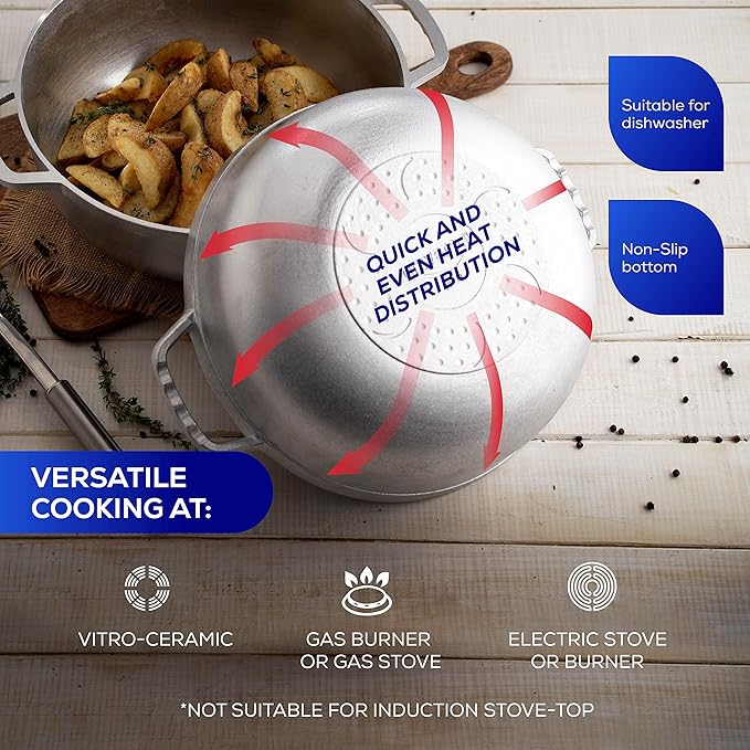 Universal (Medium Size) Caldero 12 Cups - 4.2 QT / 4 L, Stainless Aluminum Pot, Even Heat Distribution and Fast Cooking Dutch Oven Pot, Ergonomic Handles, Ideal for Rice, French Fries, and More