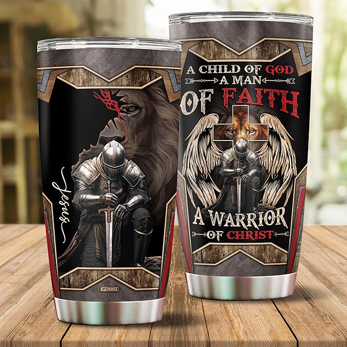 A Child of God Man of Faith Warrior of Chirst Jesus Tumbler 20oz Stainless Steel Cups with Lid Travel Mug Coffee Cup Christian Gifts For Men Dad Husband Grandpa Christmas Birthday Fathers Day