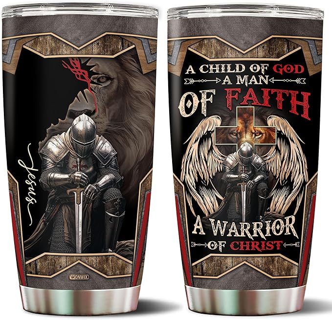 A Child of God Man of Faith Warrior of Chirst Jesus Tumbler 20oz Stainless Steel Cups with Lid Travel Mug Coffee Cup Christian Gifts For Men Dad Husband Grandpa Christmas Birthday Fathers Day