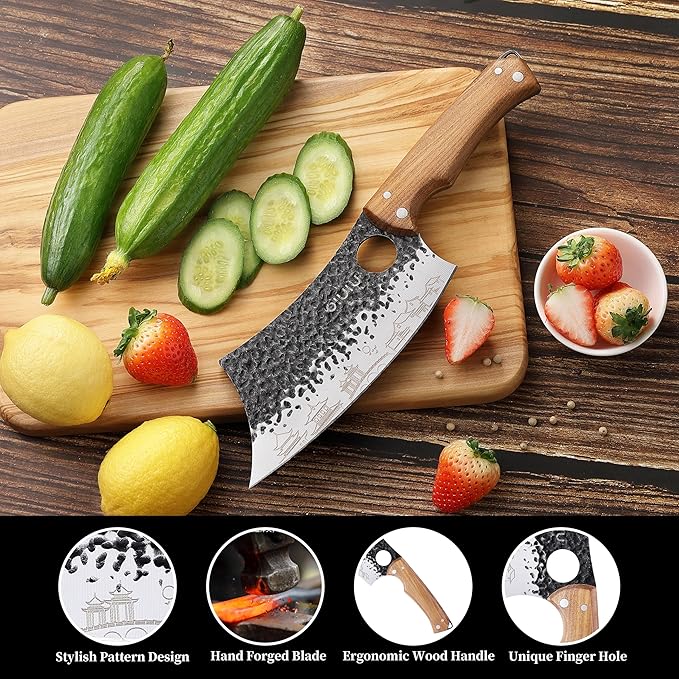 3PCS Butcher Knife Set, 7" Butcher Meat Cleaver, 7" Serbian Chef Knife and 6.5" Viking Knife, Kitchen Knife Set with wood Handle, Great for Indoor & Outdoor (Unique Pattern)