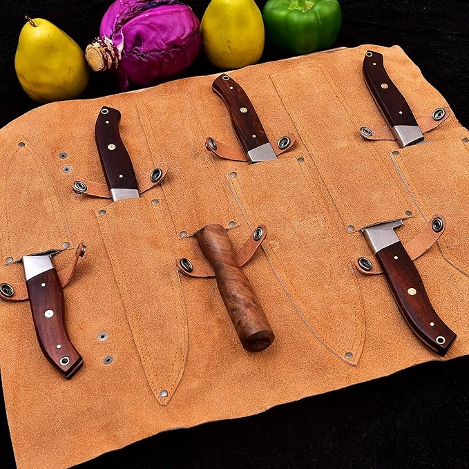 HM-(Brown) Custom Made Damascus Steel #6 Pcs of Professional Utility Kitchen knives Set Comes with Sweet Leather Roll Kit (3712)