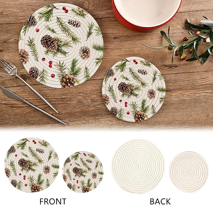 Pine Cones Branches Kitchen Trivets Pot Holders Set of 2, Trivets for Hot Pots Dishes Woven Trivet Coaster Pad Mat for Counter