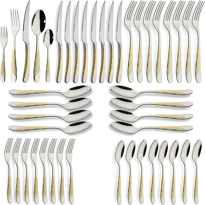 40-Piece Gold Silverware Set Stainless Steel Flatware Set Service for 8 Kitchen Cutlery Utensils Includes Knives Spoons Forks For Home Kitchen Hotel