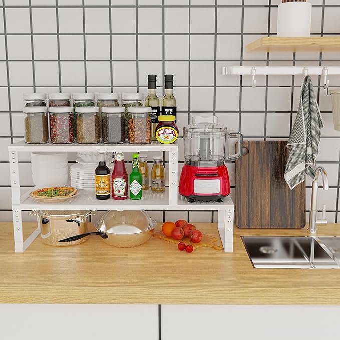Expandable Adjustable Stackable Kitchen Organizer, Spice Rack,Metal Pantry Storage Shelves Racks,Counter Shelf for Cabinets, Countertop, Cupboard (2 Packs/Medium/White)