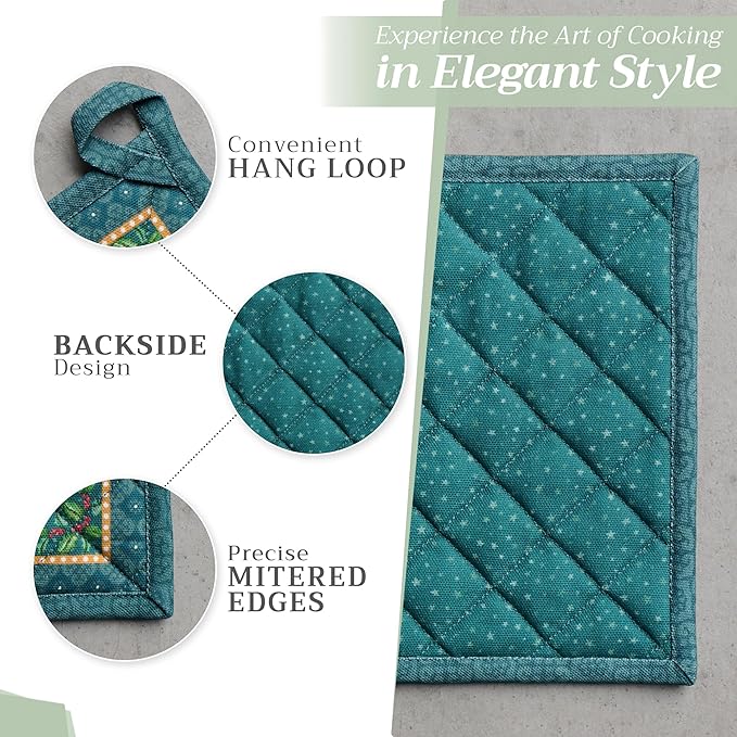 Maison d' Hermine Pot Holders 100% Cotton Heat Resistant Potholders 8" x 8" Hot Pads with Loop for Thanksgiving Christmas Decorations BBQ Cooking Baking Handling Hot Pans (Pack of 1, Hygge Christmas)