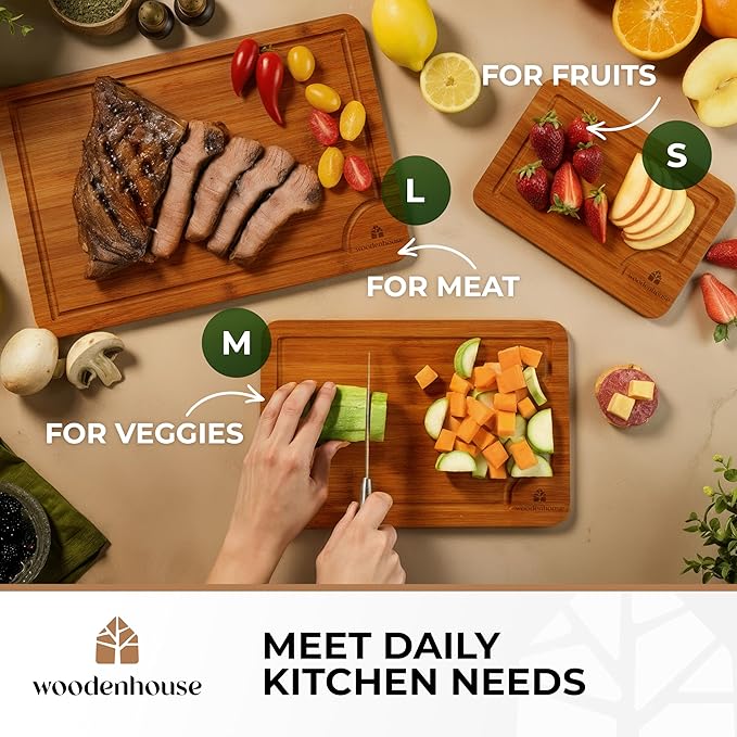 Bamboo Cutting Board Set of 3 with Holder – Durable Wooden Boards for Kitchen, Chopping & Serving – Eco-Friendly by Woodenhouse