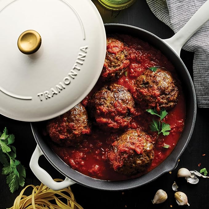 Tramontina Bestow Enameled Cast Iron Skillet with Lid, 12-inch Frying Pan, Latte with Gold Knob