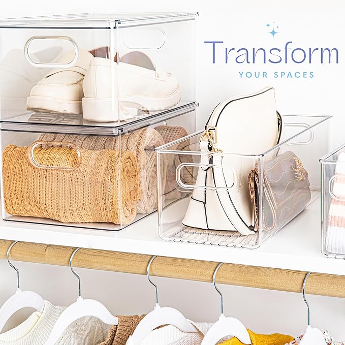 primebox Plastic Food Storage 6 Pack Clear Container Bin with Handles for Organizing Kitchen, Pantry, Fridge, Freezer, Pantry, Bathroom. 14"x6"5"