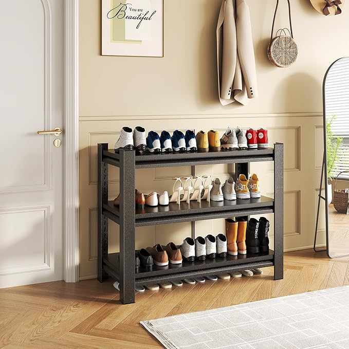 Storage Shelves, Garage Metal Shelving Unit, Adjustable, Double-Layer Column with Reinforced Ribs, Heavy-Duty, Capable of Bearing 600-3600 lbs (Black, 32 * 16 * 12, 3-Tier)