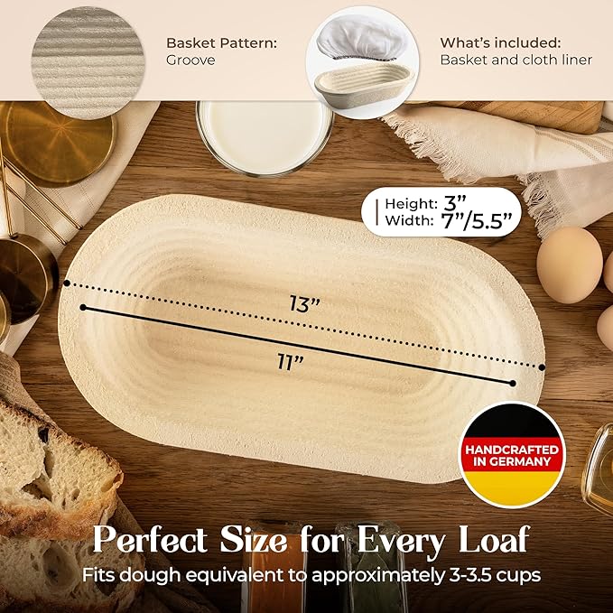 Wood Pulp Banneton Bread Proofing Basket – 13" Oval 1.5LB Brotform, Grooved Pattern– Non-Stick Natural Wood Pulp Pressed for Durability– Made in Germany Proofing Basket for Sourdough Bread Baking