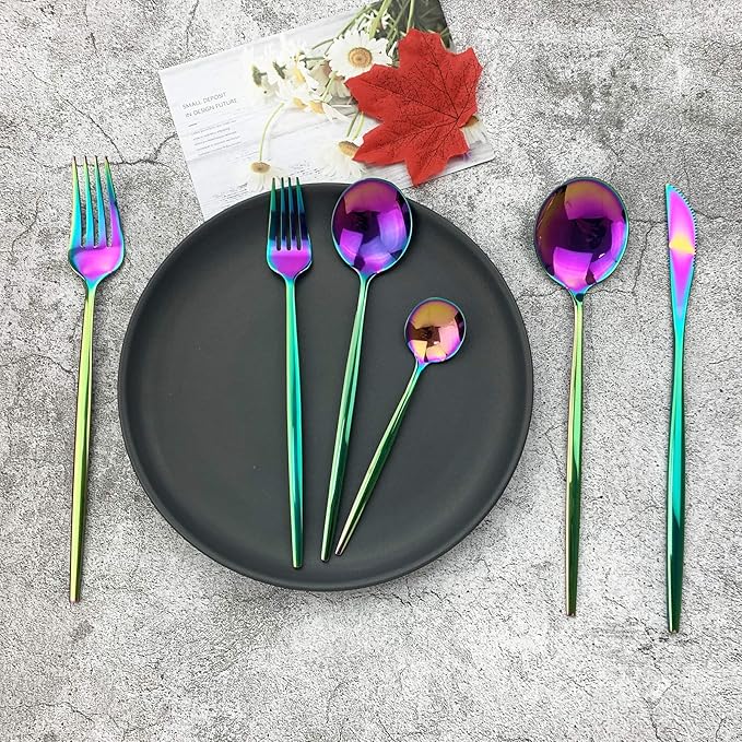 JASHII Silverware Set, Mirror Polished Rainbow Flatware Cutlery Service for 6, Shiny Finish 36 Pieces Stainless Steel Utensils Dinner Knife Fork Spoon Dessert Fork Salad Spoon Dishwasher Safe