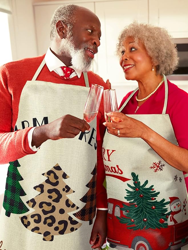 SATINIOR 4 Pcs 21.7" x 26.8" Christmas Aprons Adjustable Kitchen Aprons Xmas Plaid Merry Christmas Bib for Adults