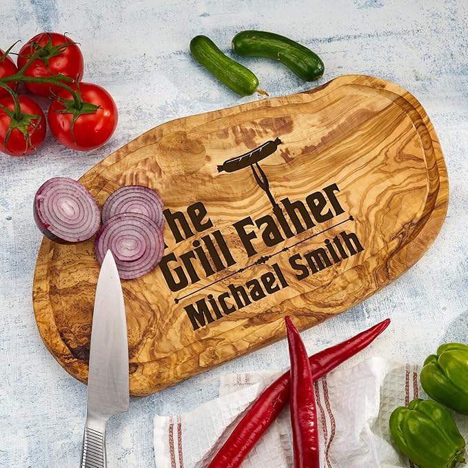 AWESOMETIK Juice Groove Personalized Olive Wood Grill Design Charcuterie Board – Custom Engraved BBQ Gift for Dad & Husband - Handcrafted - Natural - Premium Quality