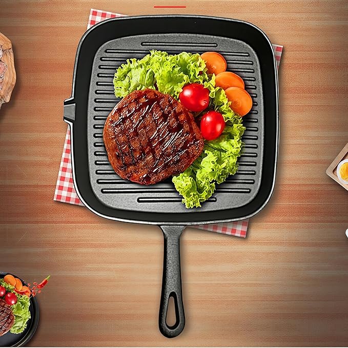 Cast Iron Grill Pan, 9.5 inch Square Grill Pan Skillet with Pour Spout, Cast Iron Griddle Pan with Small Meat Tong, Oil Brush & Hemp Rope for Stove Tops, Gas, Induction, Oven, Grill, Campfire