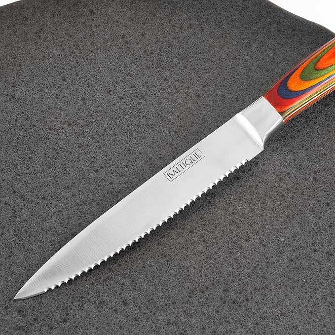 Totally Bamboo Baltique Marrakesh Collection Kitchen Steak Knives Set of 6, 5-Inch Stainless Steel Serrated Knife Set with Colorful Wooden Handles for Cutting Meat