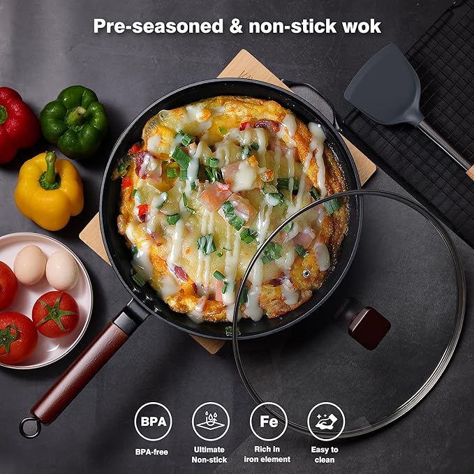 Carbon Steel Wok -13 Inch Woks & Stir-fry Pans Nonstick, Wok Pan with Glass Lid Spatula and Dish Brush: Pre-Seasoned Flat Bottom Chinese Wok for Induction, Electric, Gas, All Stoves