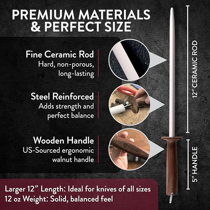 STEELPORT 12 inch Oval Ceramic Honing Rod | Professional Knife Sharpener Rod with Oregon Black Walnut Handle, Safety Guard | Premium Blade Sharpener For All Knifes | Ideal Gift for Chefs, Home Cooks