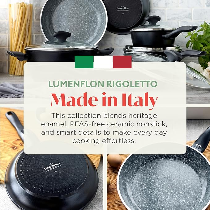 Rigoletto 9.5” Nonstick Frying Pan Skillet, Made in Italy, Layered Ceramic PFAS-Free Surface, Induction Ready, Dishwasher & Metal Utensil Safe, Granite Finish, Stay-Cool Handle,Black