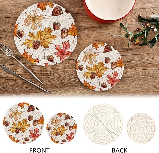 Maple Leaves Acorns Kitchen Trivets Pot Holders Set of 2, Trivets for Hot Pots Dishes Woven Trivet Coaster Pad Mat for Counter